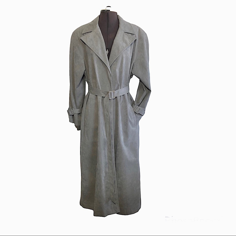 Lilli Ann Collections Vintage 70’ Ultra Suede Belted Long Grey Trench Coat XL